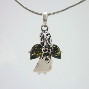 Sterling Silver Angel Pendant with Green Amber Wings